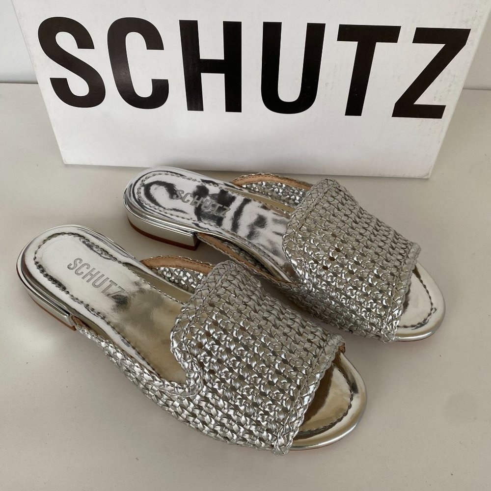 SCHUTZ Metallic Silver Woven Slide Loafers